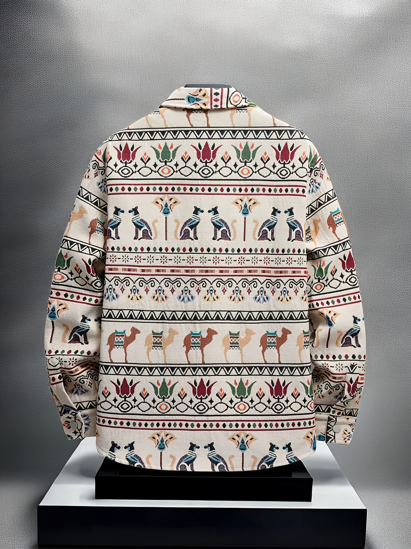 Men'S Stylish Egyptian Pharaoh Cat Embroidered Long Sleeve Shirt - Slim Fit, Beige with Colorful Geometric Patterns, Casual Button-Up for All Seasons, Perfect Gift Idea, Cat Shirt