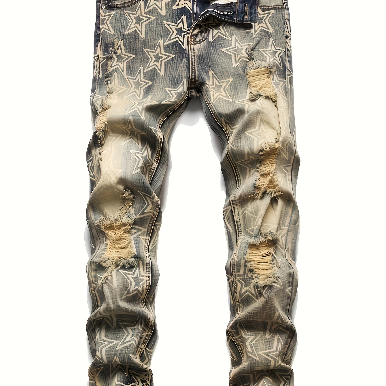 Men's Retro Star Print Stretch Slim-Fit Jeans - Vintage Ripped Denim with Distressed Details, Comfortable Straight Leg Casual Pants for Casual Attire