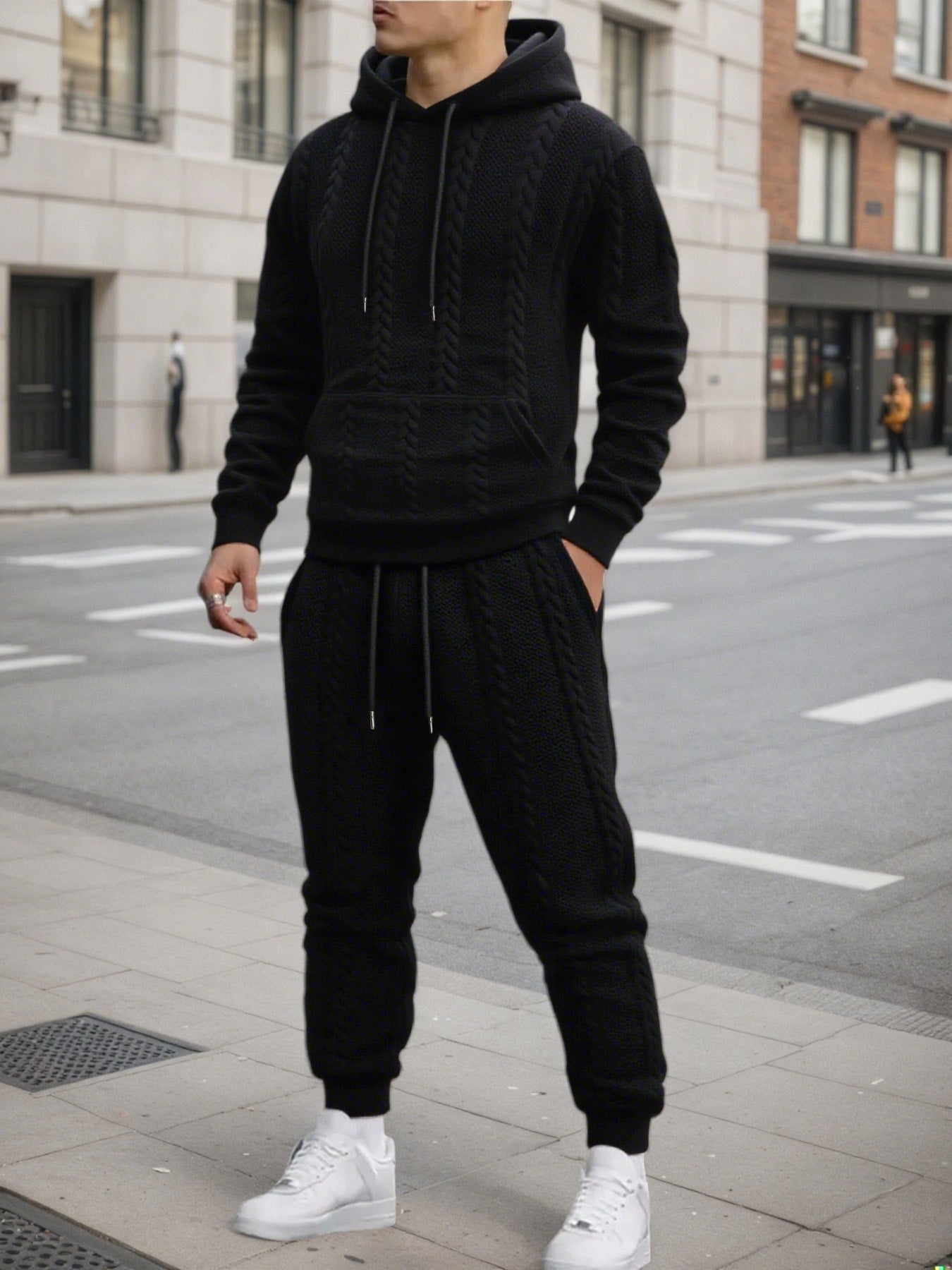 Men'S Autumn and Winter Casual Knit Sweater with Pockets Hoodie and Joggers Set, Fashionable 2pcs Outfit for Daily Wear, Hiking, Fitness, Travel, Outdoor Sports