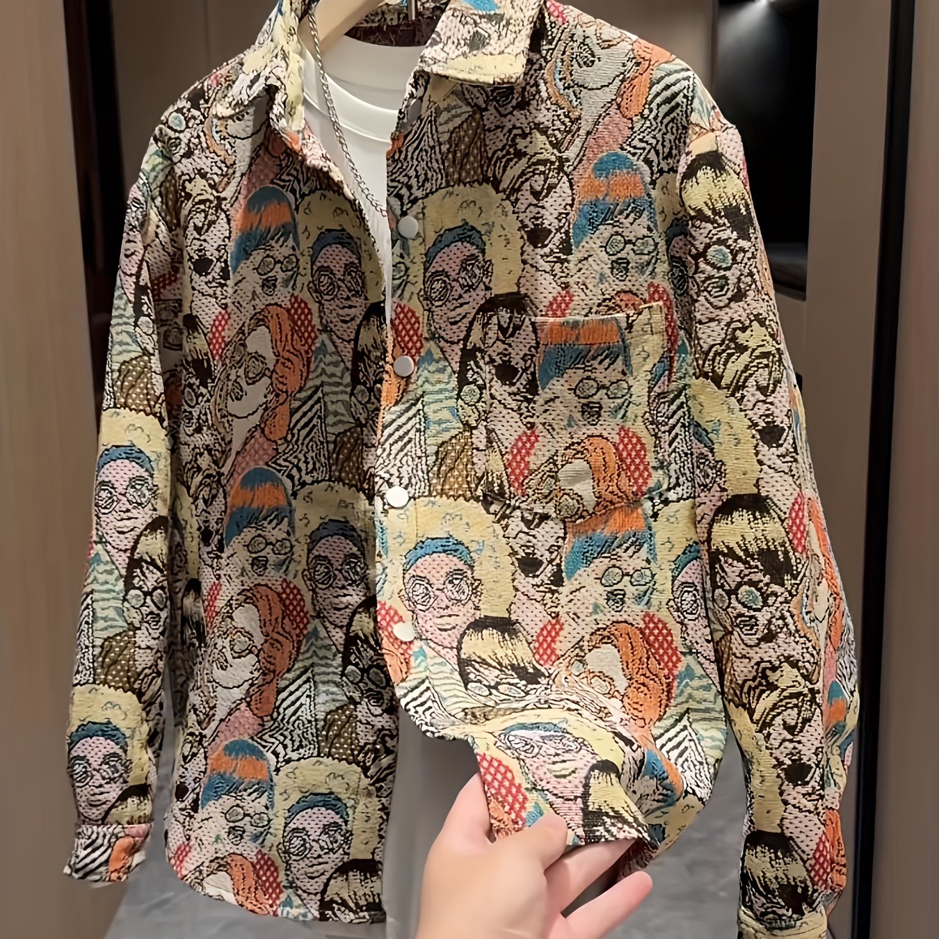 Men'S Fashionable Cartoon-Embroidered Long-Sleeve Shirt - Slim Fit, Button-Up, Lightweight & Breathable for All Seasons, Perfect for Outdoor Leisure Street Style Hip Hop, Casual Wear|Cartoon Pattern Shirt|Slim Fit Shirt