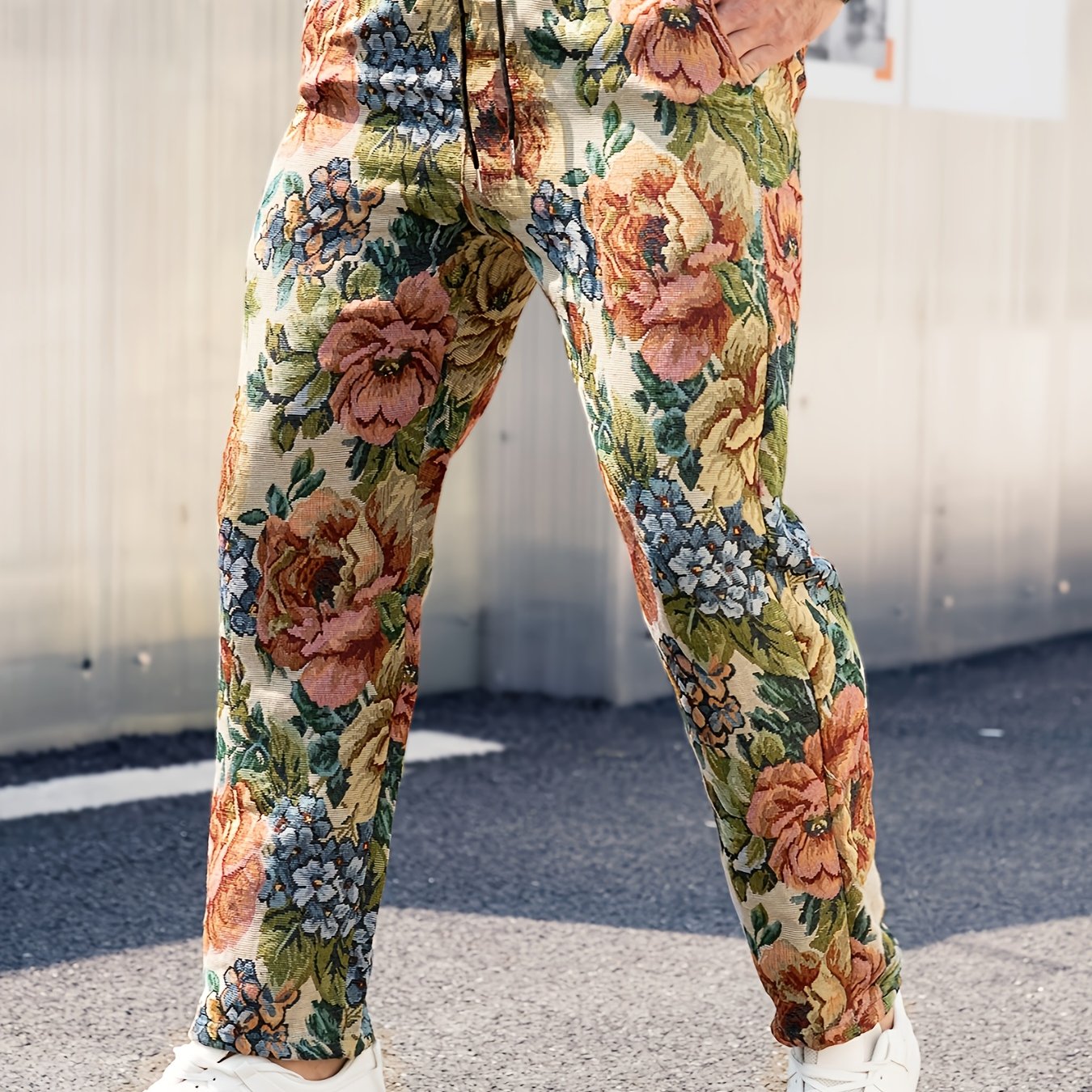 Men's Retro Floral Jacquard Straight-Leg Pants – Vibrant Multicolor Flower Texture, Loose Fit Casual Trousers with Drawstring Waist, Polyester Fabric for All Seasons