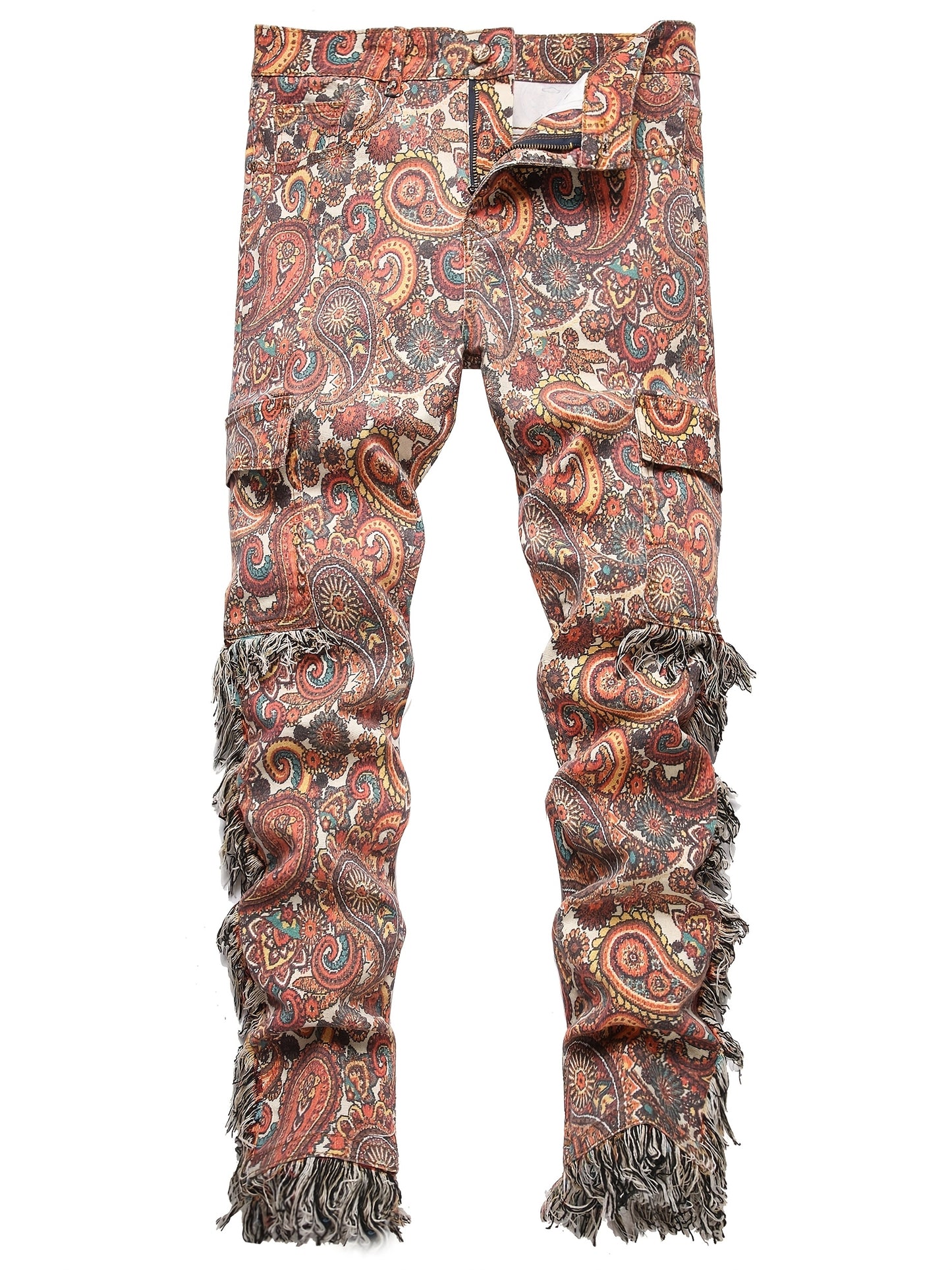 Men'S Retro Ethnic Style Hip-hop Jeans With Butterfly Print And Flowing Fringe Design, Outdoor Casual Work Pants With Random Pattern Position