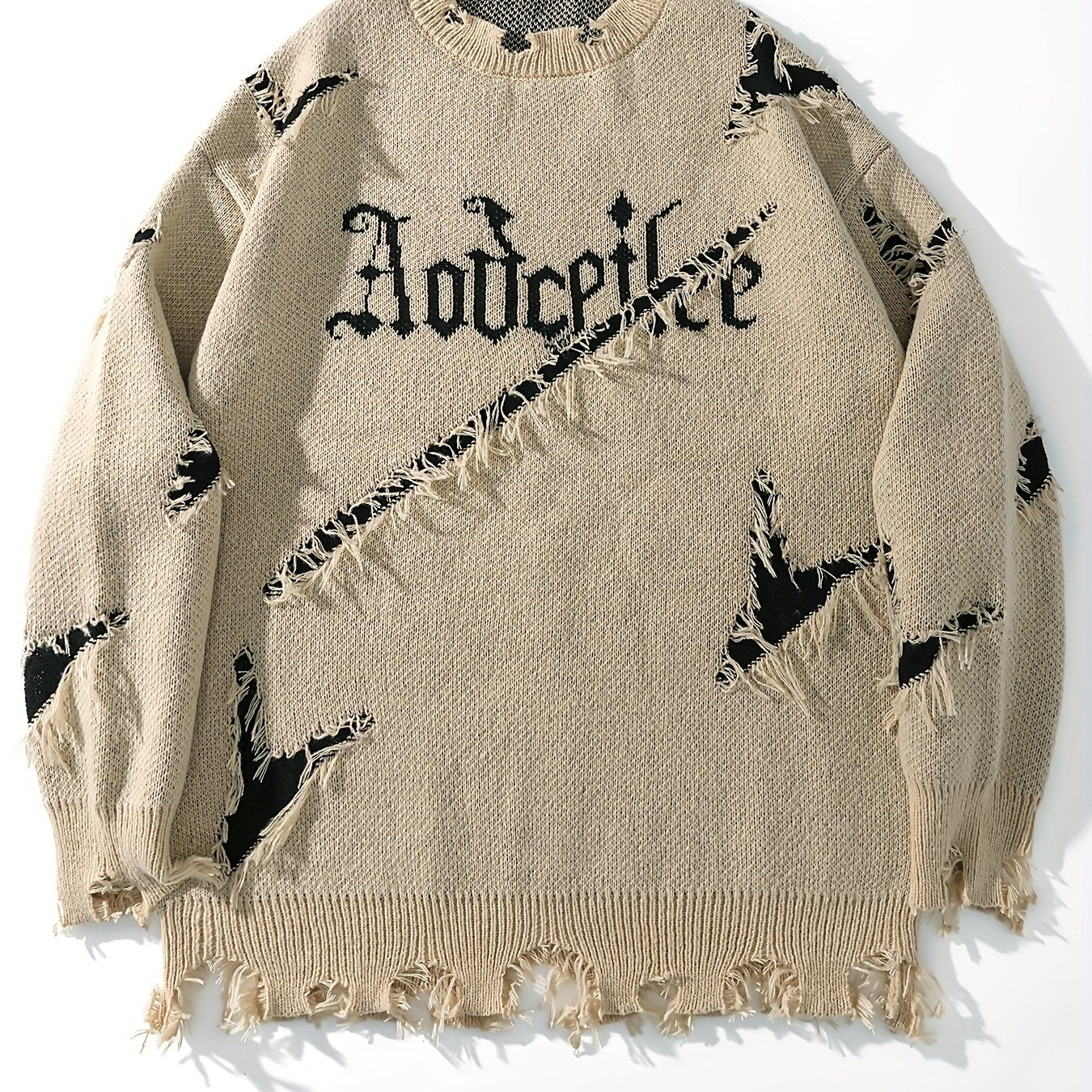 Men's Casual Streetwear Sweater - Relaxed Fit Drop Shoulder, Distressed Letter Embroidery & Ripped Details, Long Sleeve Pullover for Autumn Winter, Medium Elasticity Fabric