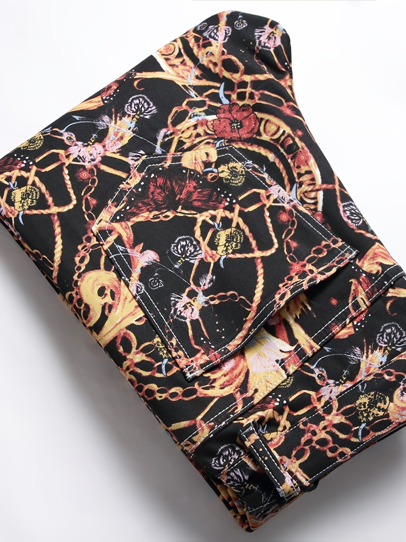 Men's Slim-Fit All-Season European & American Floral Print Jeans - Tight-Leg Denim with Red/Black/Golden Petal Design, Machine Washable Streetwear for Casual & Semi-Formal Outfits (Dark Background)