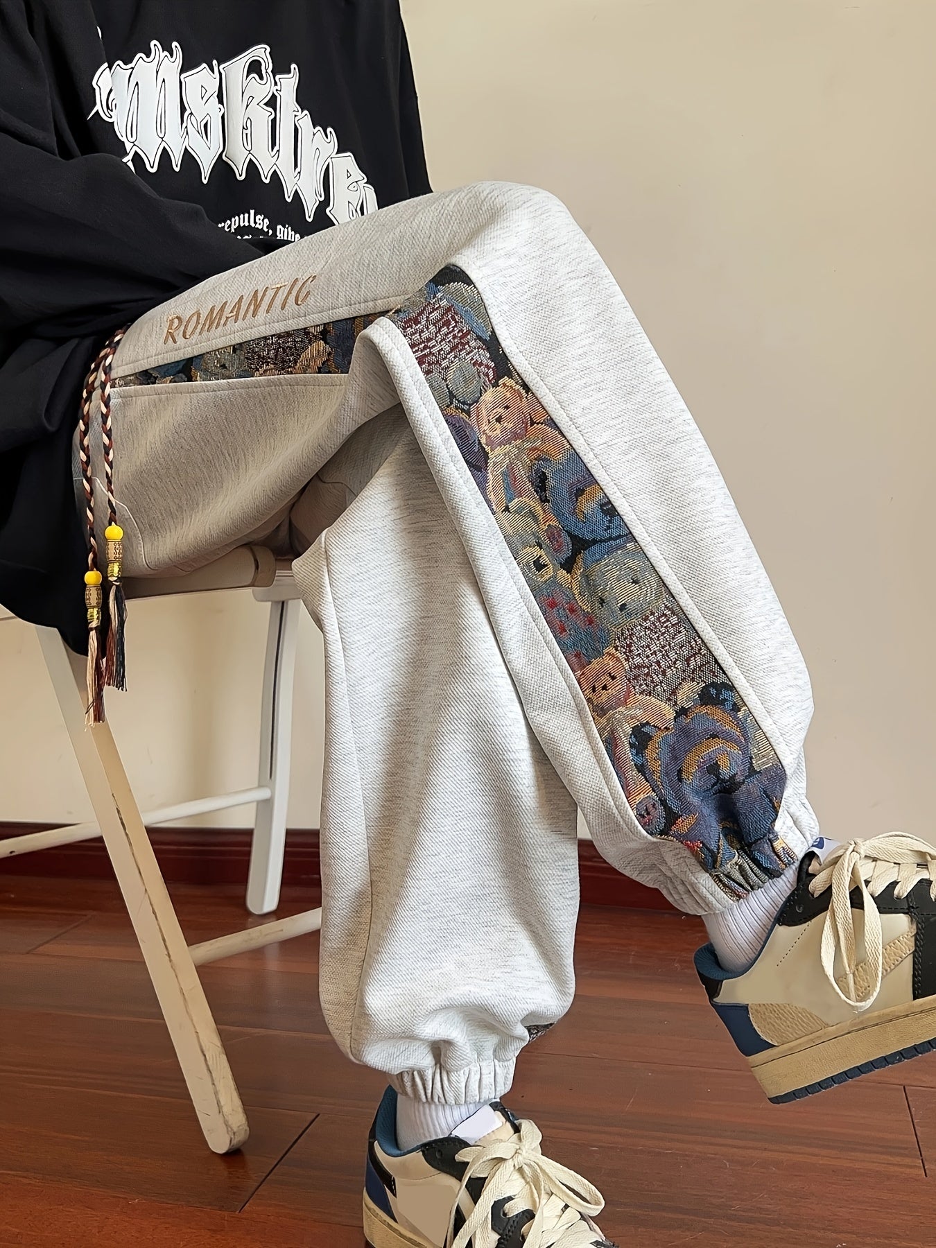 Men's Loose Fit Bear Embroidery Joggers, Casual Stretch Street Style Sports Pants