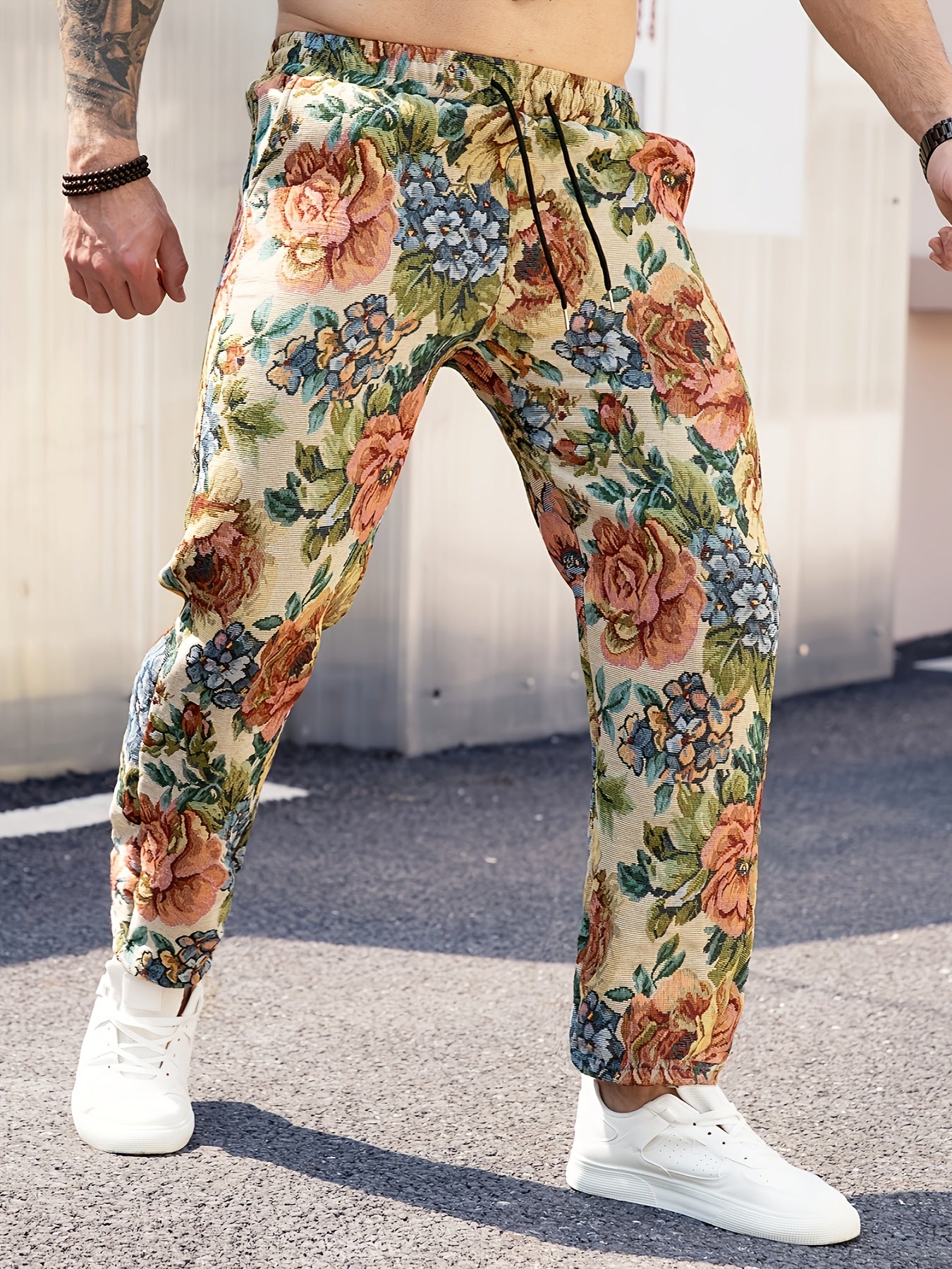 Men's Retro Floral Jacquard Straight-Leg Pants – Vibrant Multicolor Flower Texture, Loose Fit Casual Trousers with Drawstring Waist, Polyester Fabric for All Seasons
