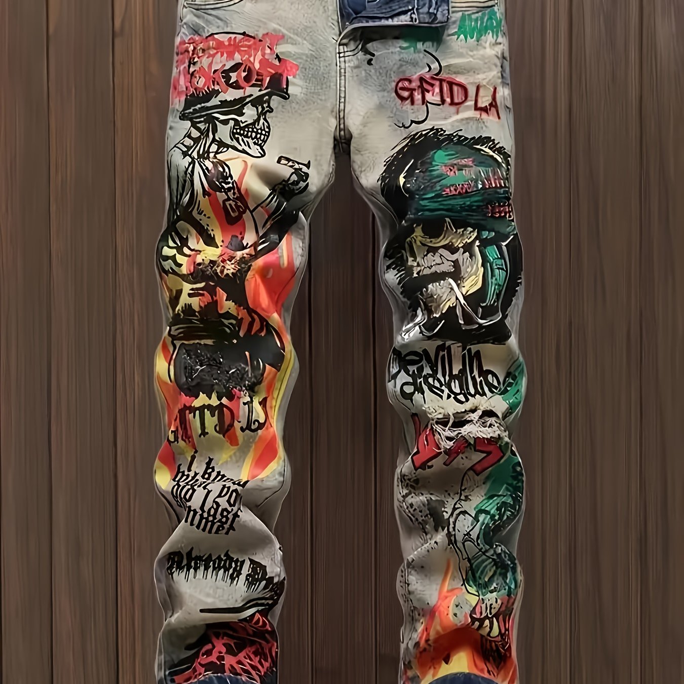 HME Men's Jeans - Stretch Denim Pants with Elastic Waist, Slim Straight Leg Fit, All-Season Streetwear for Hip-Hop, Y2K Outfits, Concerts & Casual Attire - Machine Washable Urban Fashion Jeans, Hiphop Outfit, Graffiti Print,