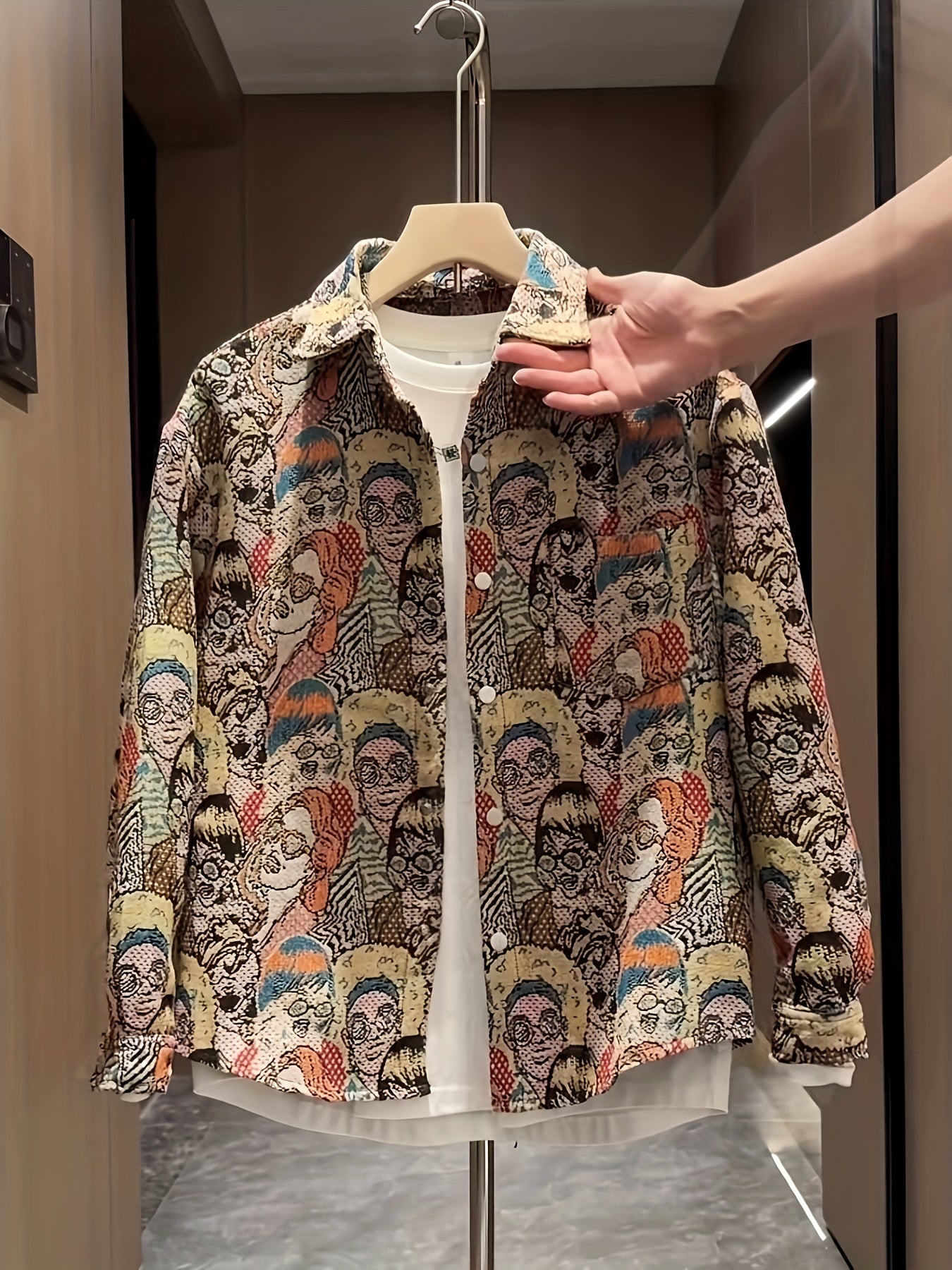 Men'S Fashionable Cartoon-Embroidered Long-Sleeve Shirt - Slim Fit, Button-Up, Lightweight & Breathable for All Seasons, Perfect for Outdoor Leisure Street Style Hip Hop, Casual Wear|Cartoon Pattern Shirt|Slim Fit Shirt