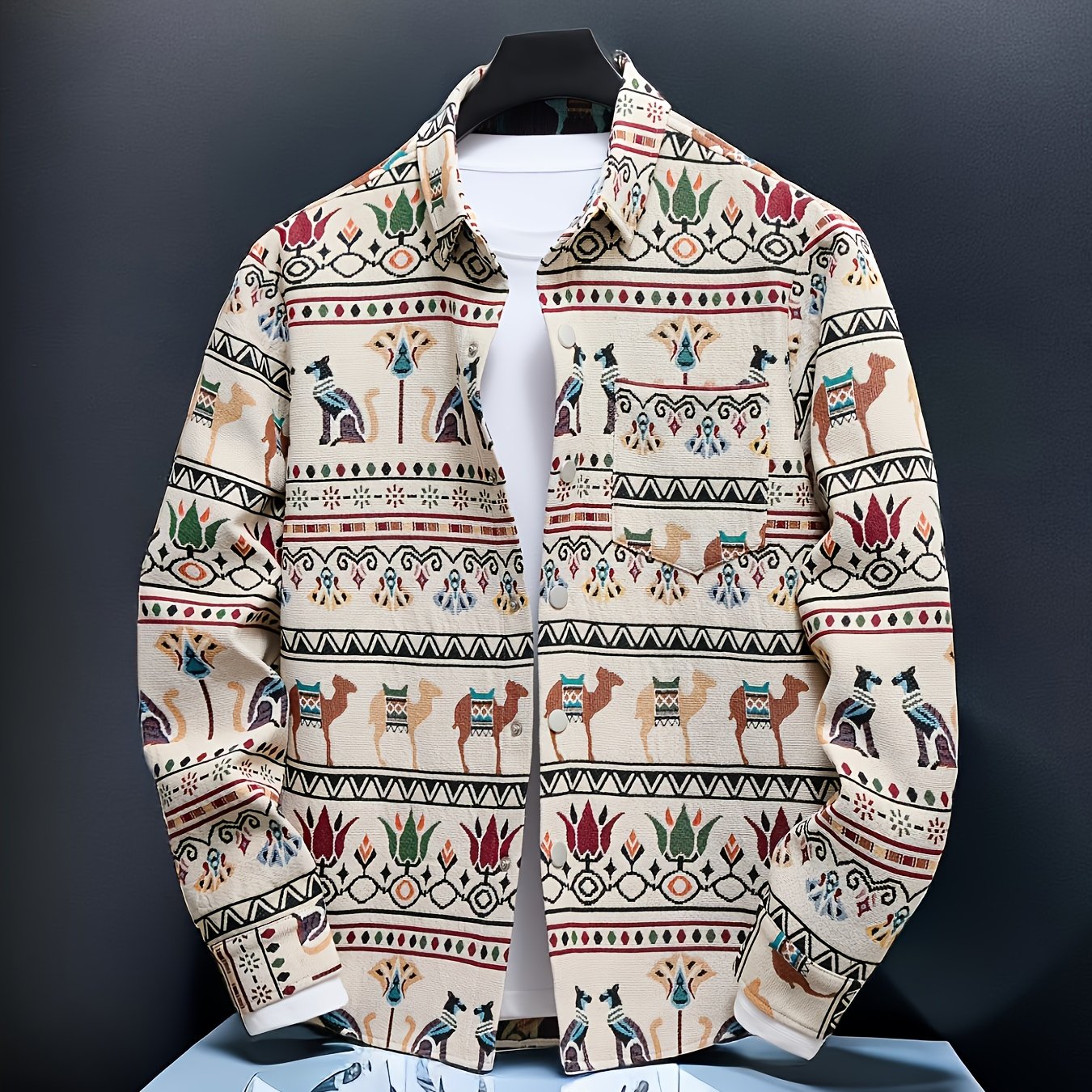 Men'S Stylish Egyptian Pharaoh Cat Embroidered Long Sleeve Shirt - Slim Fit, Beige with Colorful Geometric Patterns, Casual Button-Up for All Seasons, Perfect Gift Idea, Cat Shirt