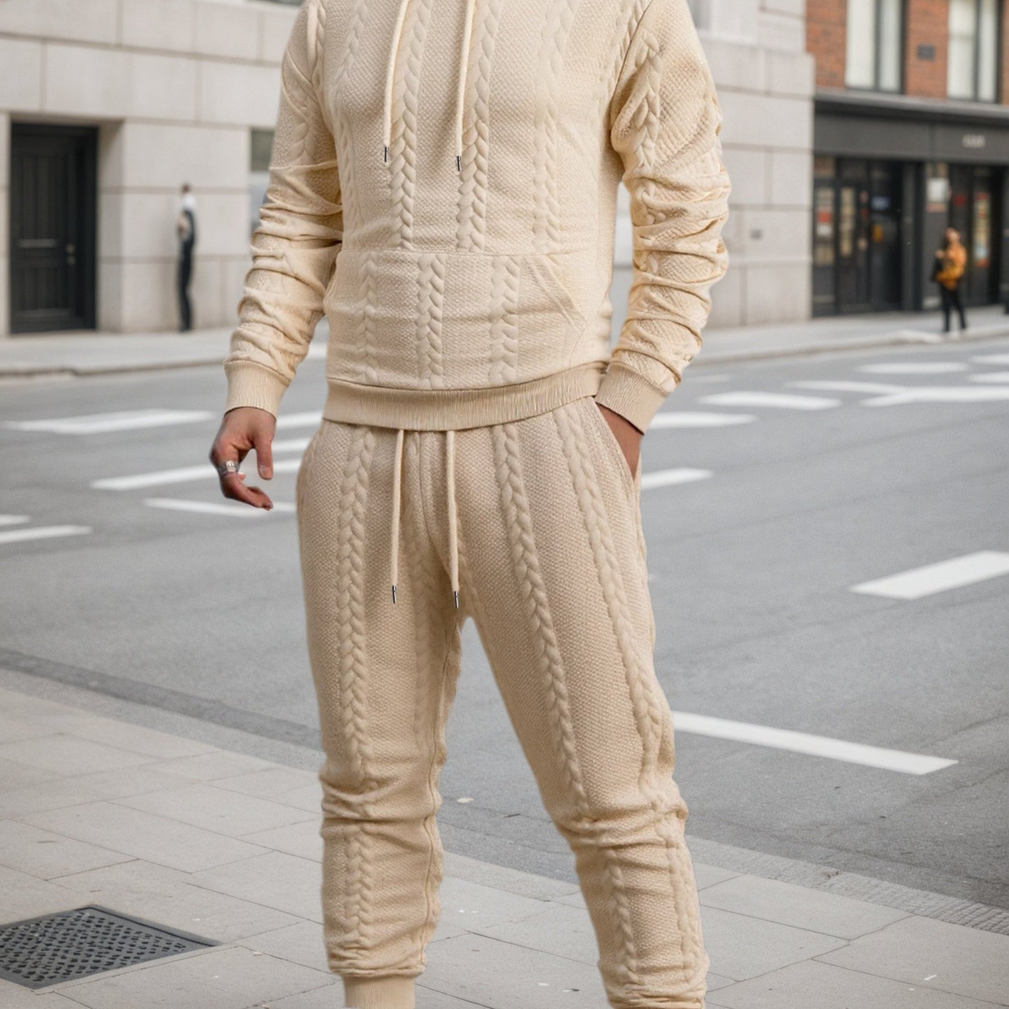 Men'S Autumn and Winter Casual Knit Sweater with Pockets Hoodie and Joggers Set, Fashionable 2pcs Outfit for Daily Wear, Hiking, Fitness, Travel, Outdoor Sports