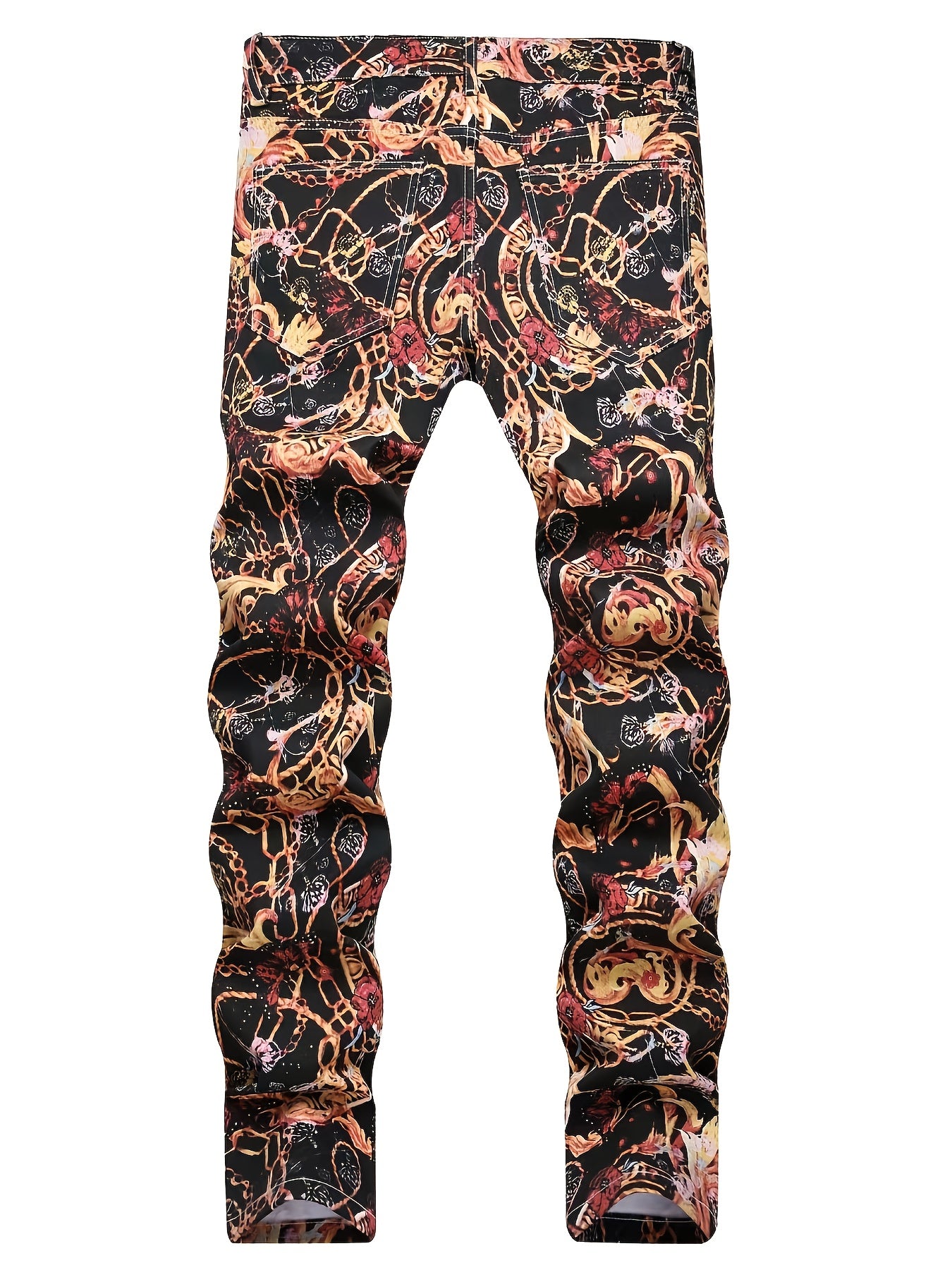 Men's Slim-Fit All-Season European & American Floral Print Jeans - Tight-Leg Denim with Red/Black/Golden Petal Design, Machine Washable Streetwear for Casual & Semi-Formal Outfits (Dark Background)