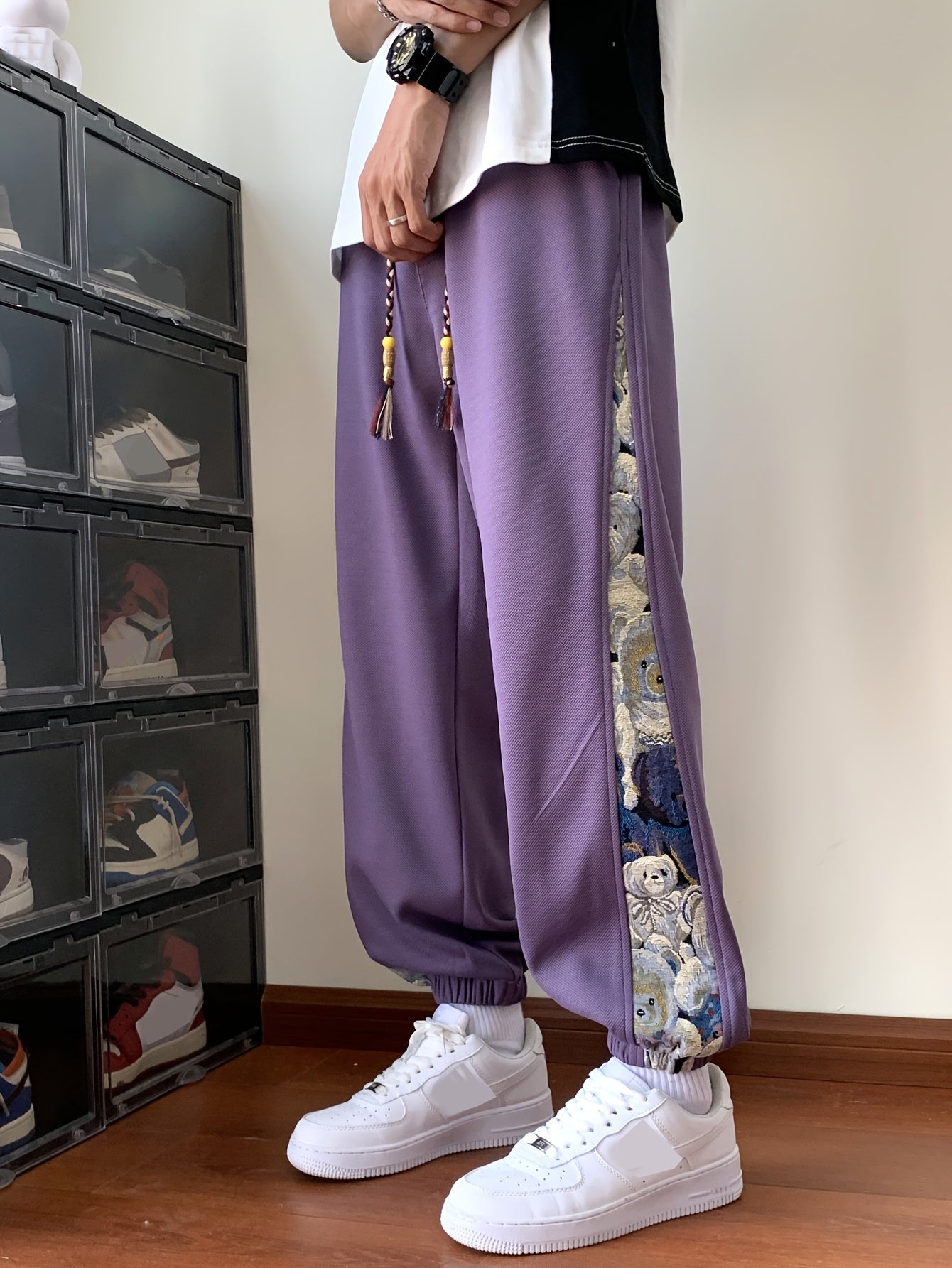 Men's Loose Fit Bear Embroidery Joggers, Casual Stretch Street Style Sports Pants