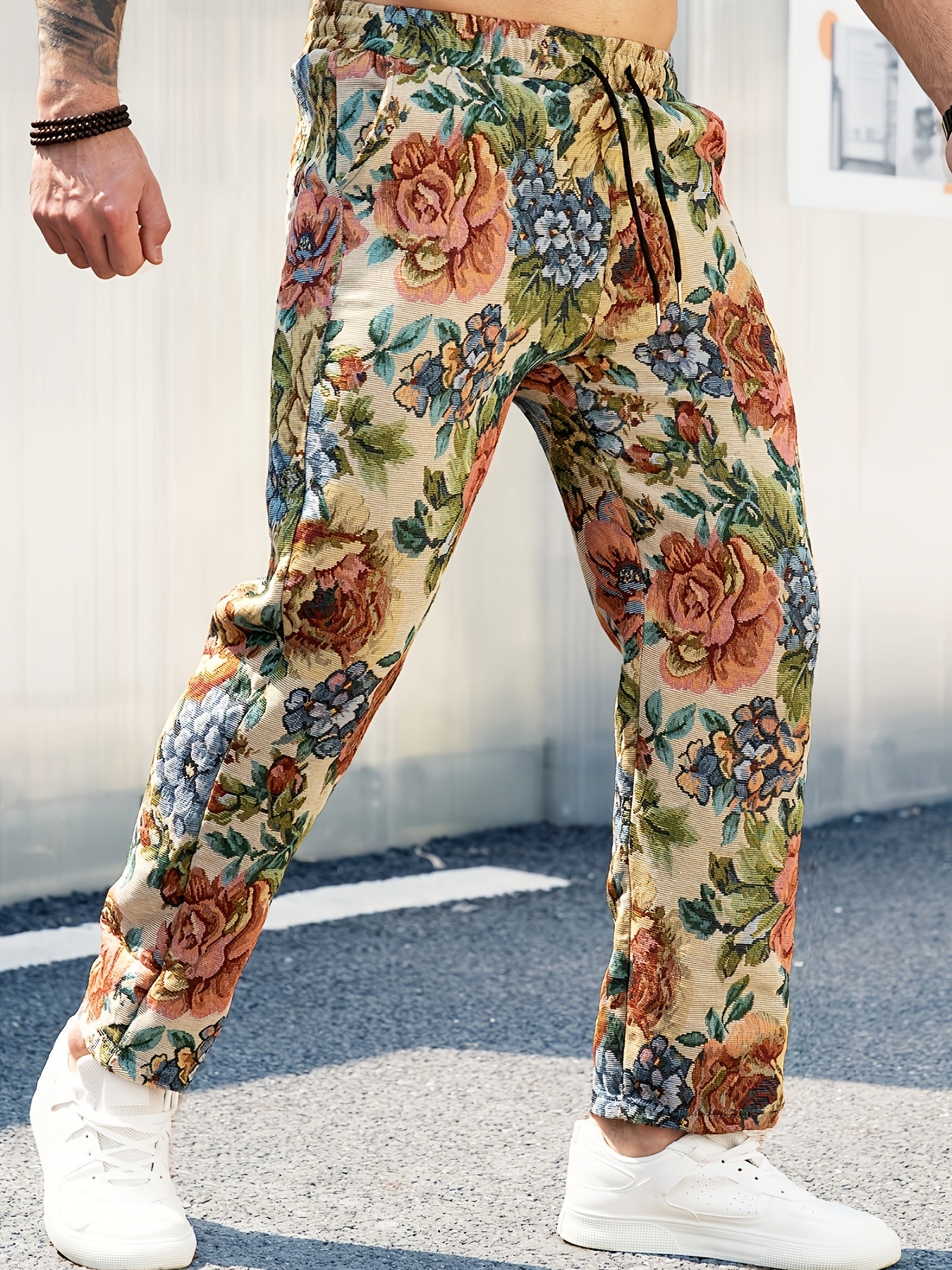 Men's Retro Floral Jacquard Straight-Leg Pants – Vibrant Multicolor Flower Texture, Loose Fit Casual Trousers with Drawstring Waist, Polyester Fabric for All Seasons
