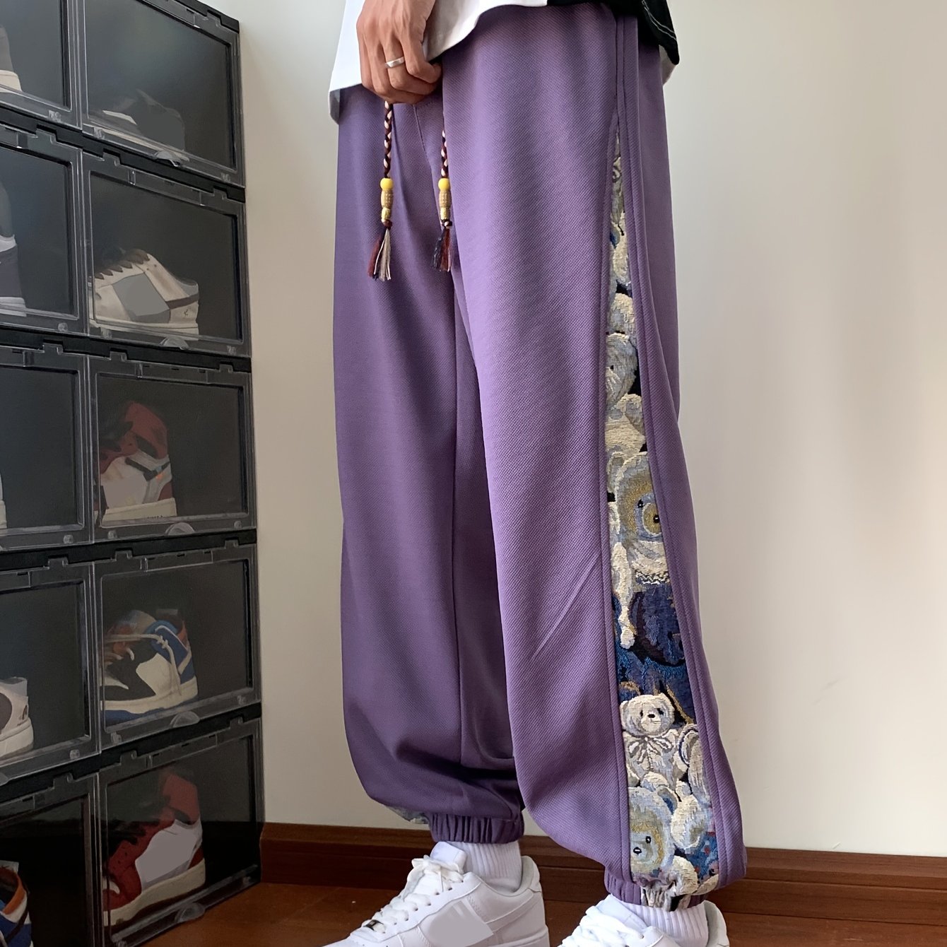 Men's Loose Fit Bear Embroidery Joggers, Casual Stretch Street Style Sports Pants