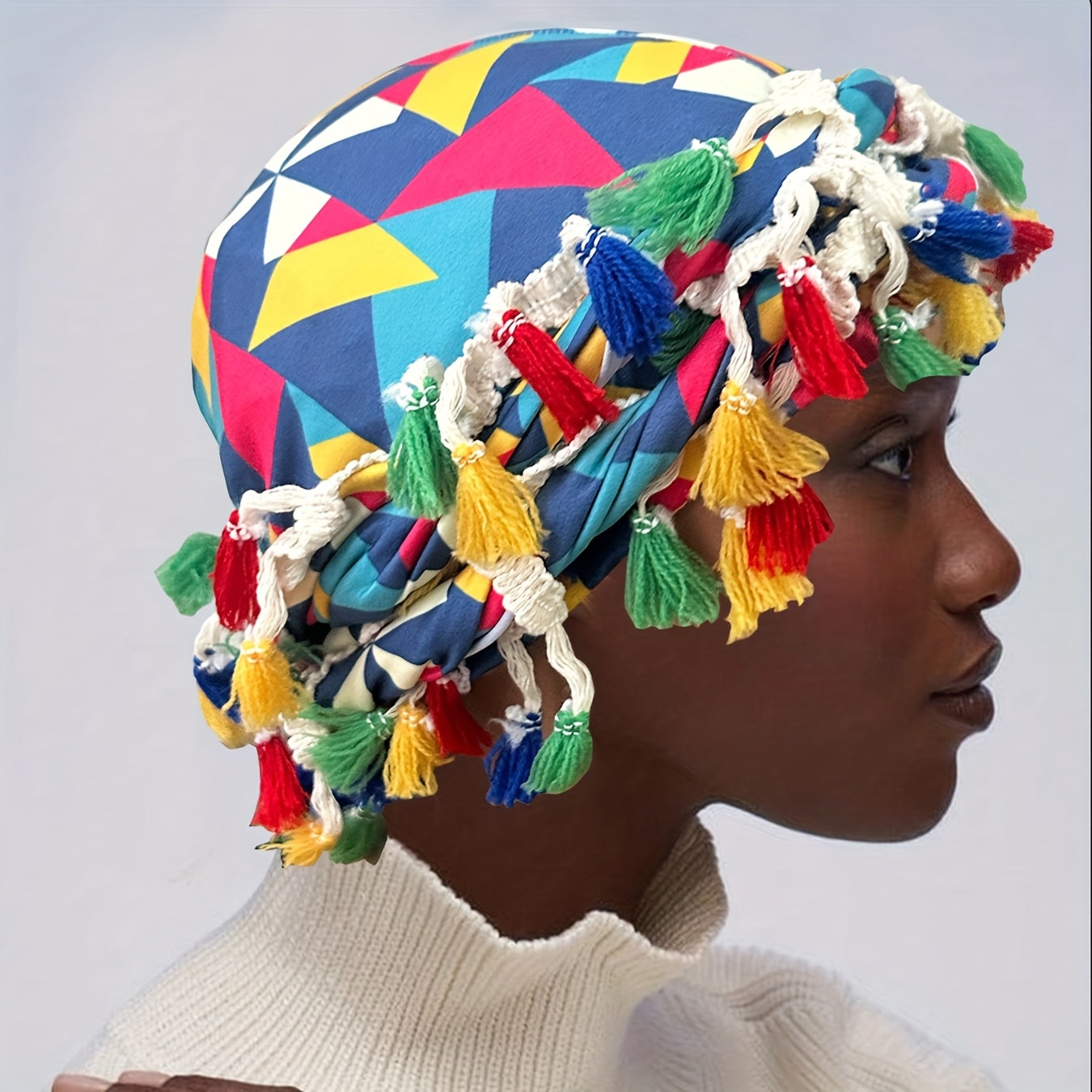 Satin-Lined Bandana Cap with Fringe Tassels