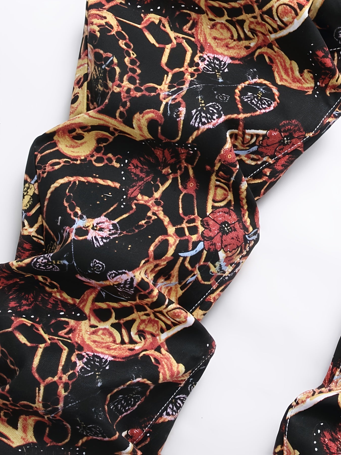 Men's Slim-Fit All-Season European & American Floral Print Jeans - Tight-Leg Denim with Red/Black/Golden Petal Design, Machine Washable Streetwear for Casual & Semi-Formal Outfits (Dark Background)