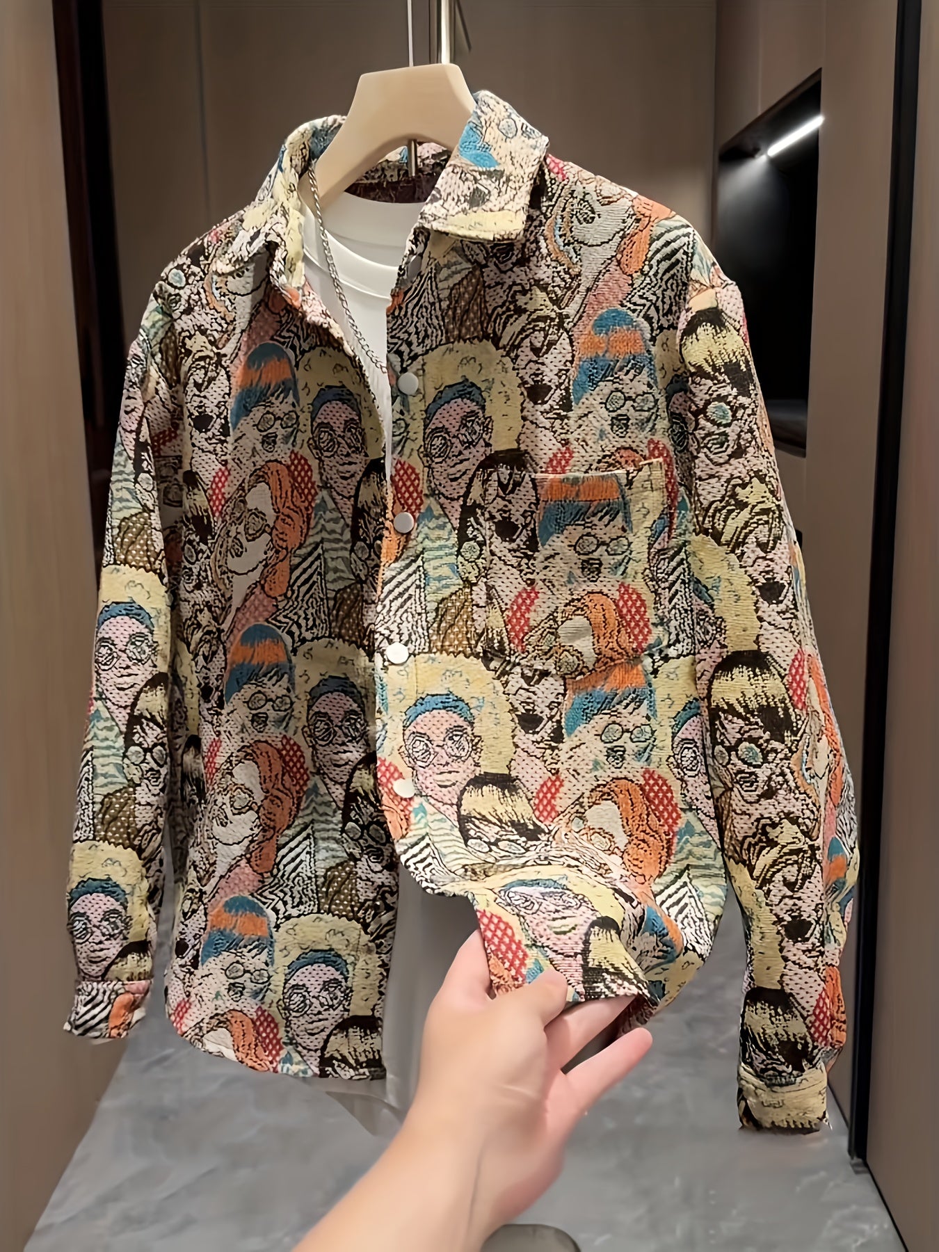 Men'S Fashionable Cartoon-Embroidered Long-Sleeve Shirt - Slim Fit, Button-Up, Lightweight & Breathable for All Seasons, Perfect for Outdoor Leisure Street Style Hip Hop, Casual Wear|Cartoon Pattern Shirt|Slim Fit Shirt