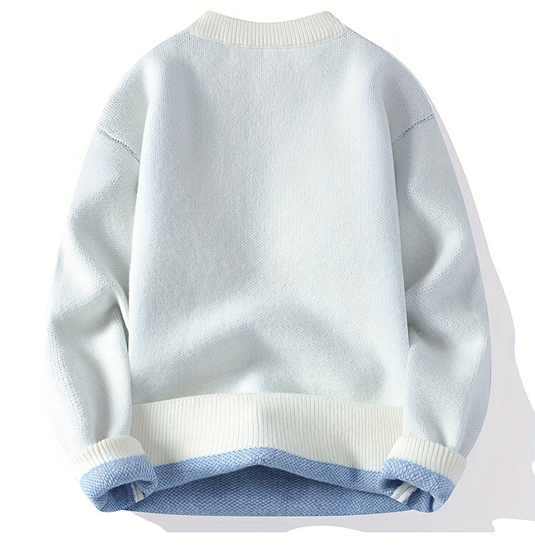 Men's Korean Style Round Neck Sweater, Youthful Fashion Patchwork Cable Knit Thickened Warm Pullover, Autumn and Winter New Color Block Casual Base Layer Shirt 711