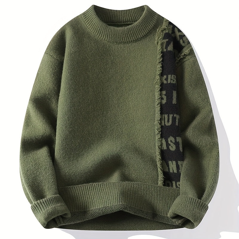 Men's Korean Style Round Neck Sweater, Youthful Fashion Patchwork Cable Knit Thickened Warm Pullover, Autumn and Winter New Color Block Casual Base Layer Shirt 711