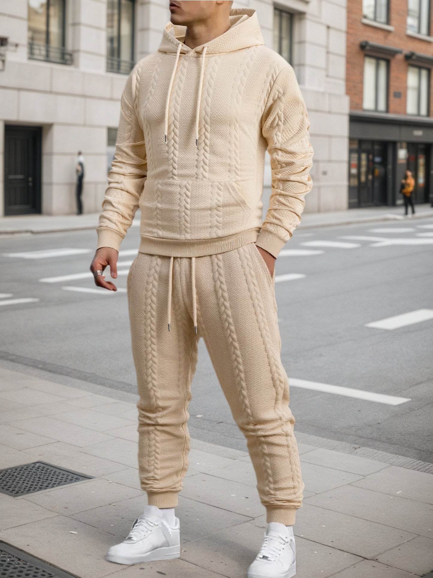 Men'S Autumn and Winter Casual Knit Sweater with Pockets Hoodie and Joggers Set, Fashionable 2pcs Outfit for Daily Wear, Hiking, Fitness, Travel, Outdoor Sports