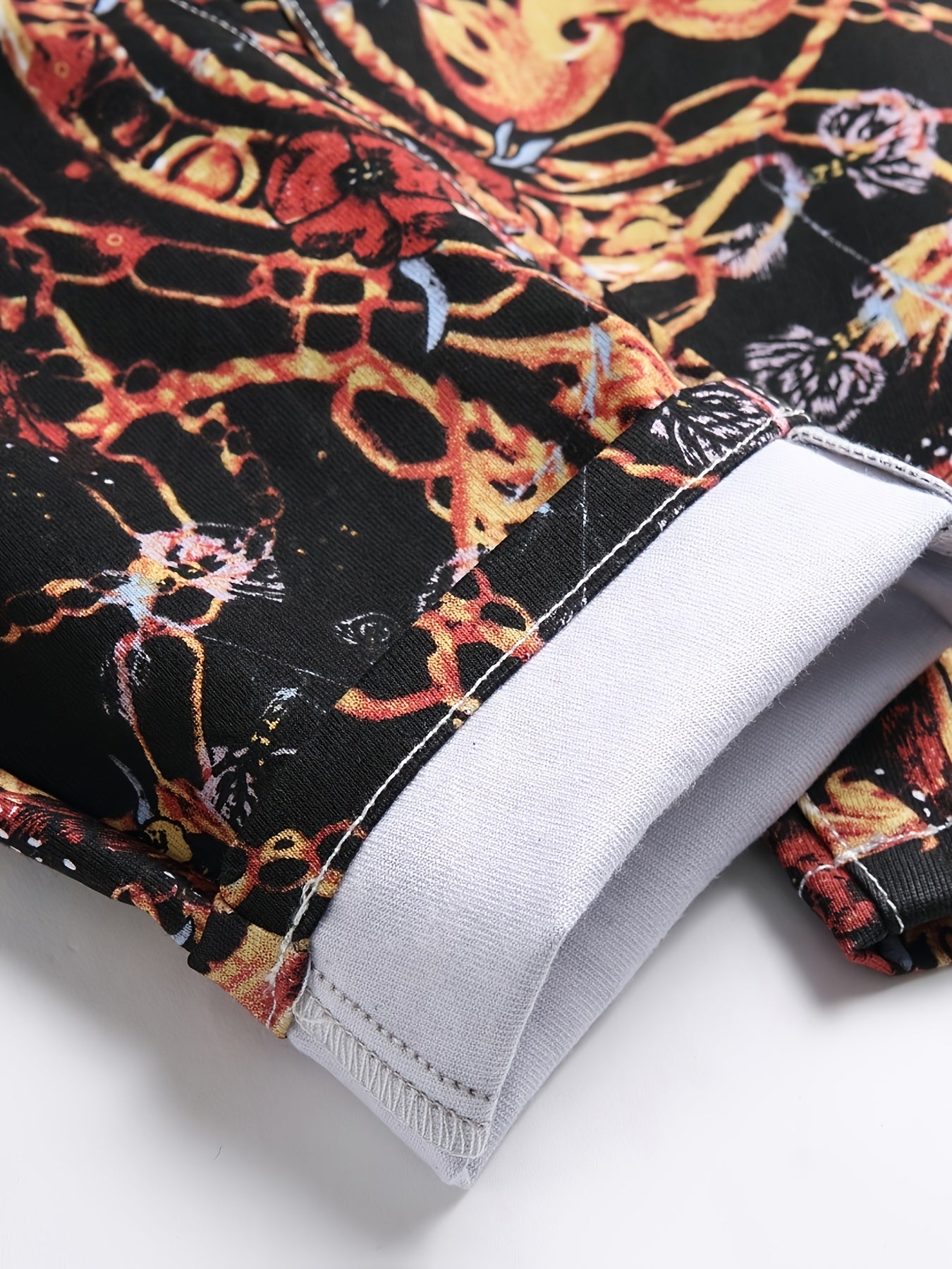 Men's Slim-Fit All-Season European & American Floral Print Jeans - Tight-Leg Denim with Red/Black/Golden Petal Design, Machine Washable Streetwear for Casual & Semi-Formal Outfits (Dark Background)