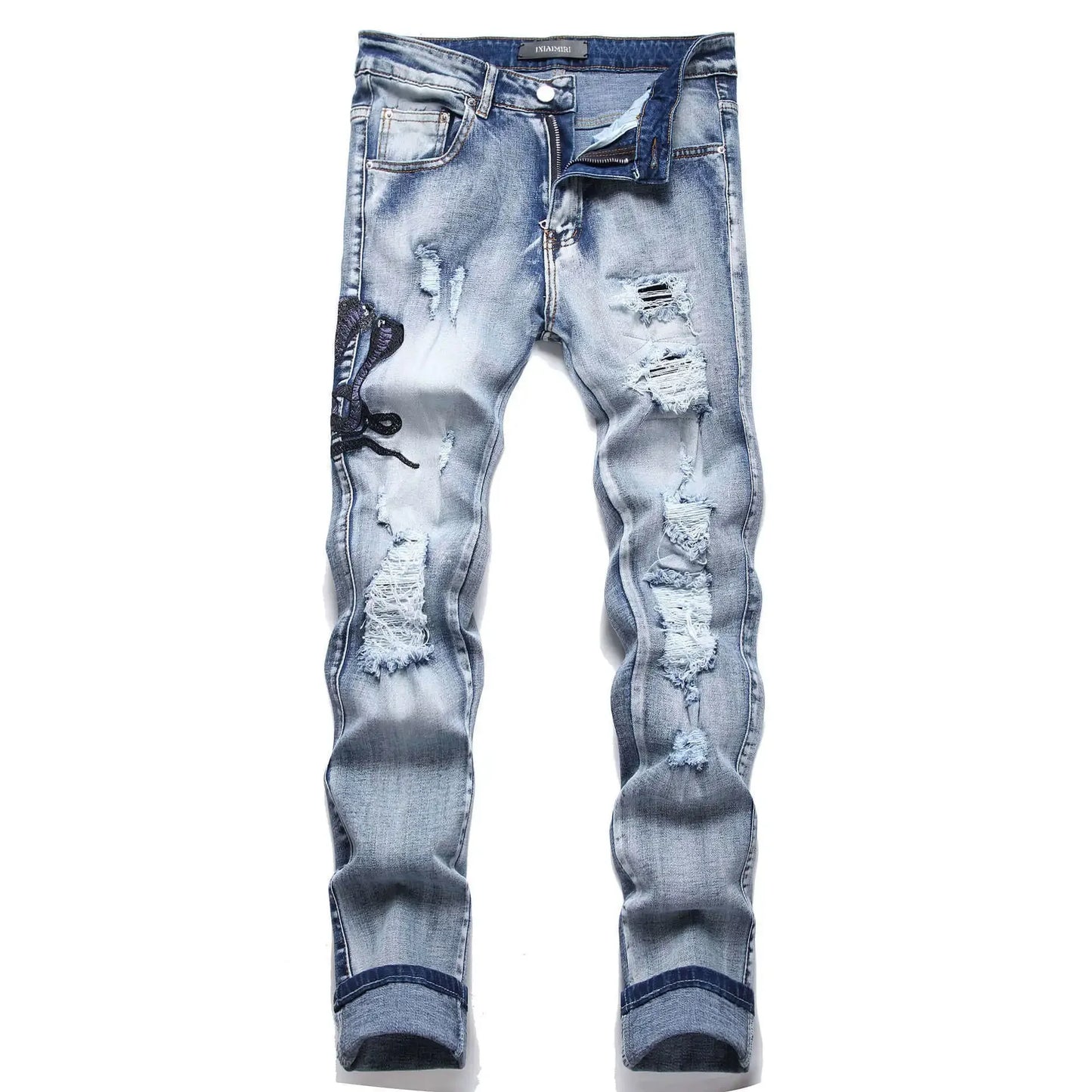Blue Eyed Snake Embroidery Street Style Jeans For Teenagers Elastic Waist Cotton Material Casual Scene Suitable