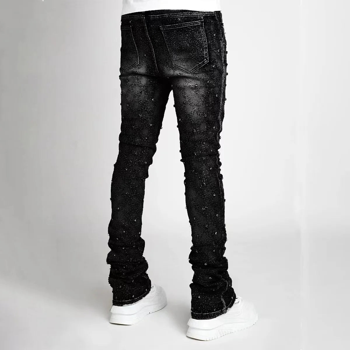 Blue Stretchy Pearls Skinny Jeans For Men 2024 New Fashion Fashion Rhinestone European Street Personality Stacked Denim Pants