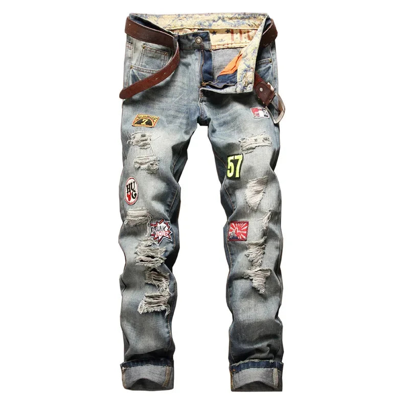 High Street Casual Motorcycle Jeans for Men (without Belt) Badge Distressed Straight-leg Slim-fit Ripped Denim Trousers Male