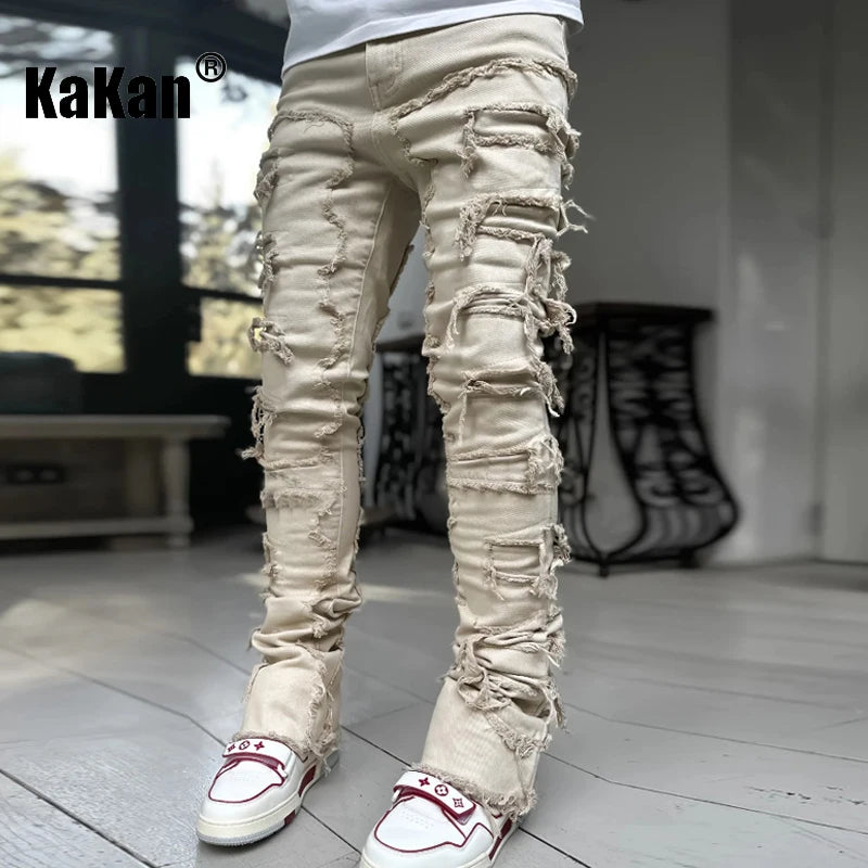 Kakan - New European and American Heavyweight Streetwise Stretch Patch Jeans for Men, High Street Straight Fit Long Jeans16-3001