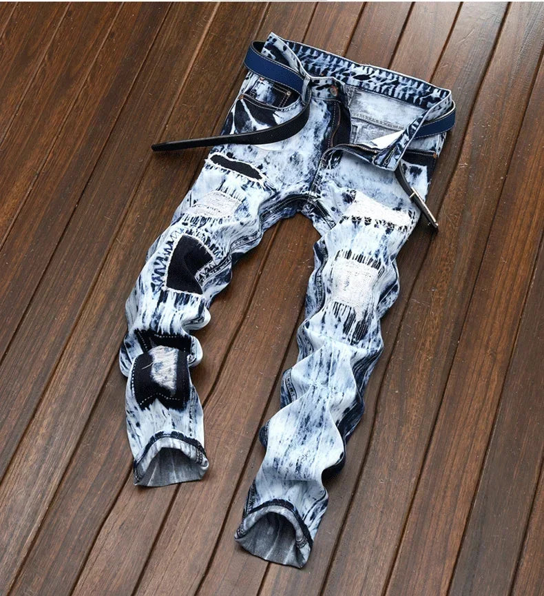 Men's Embroidered Patchwork Ripped Jeans (without Belt) Slim Fashion High Street Motorcycle Denim Pants Male Designer Clothes