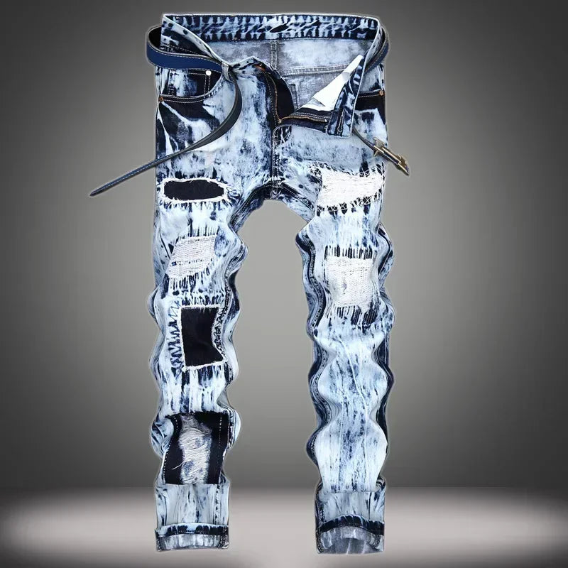 Men's Embroidered Patchwork Ripped Jeans (without Belt) Slim Fashion High Street Motorcycle Denim Pants Male Designer Clothes