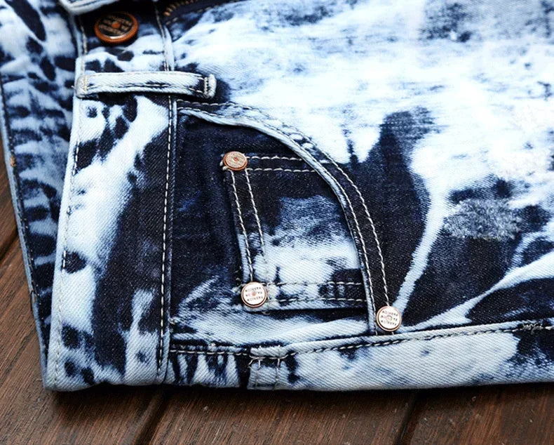 Men's Embroidered Patchwork Ripped Jeans (without Belt) Slim Fashion High Street Motorcycle Denim Pants Male Designer Clothes