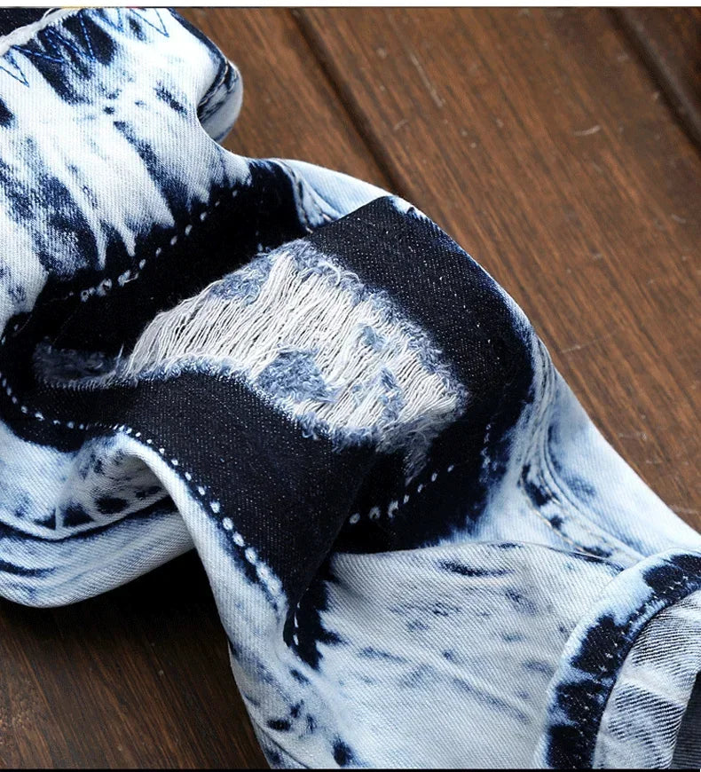 Men's Embroidered Patchwork Ripped Jeans (without Belt) Slim Fashion High Street Motorcycle Denim Pants Male Designer Clothes