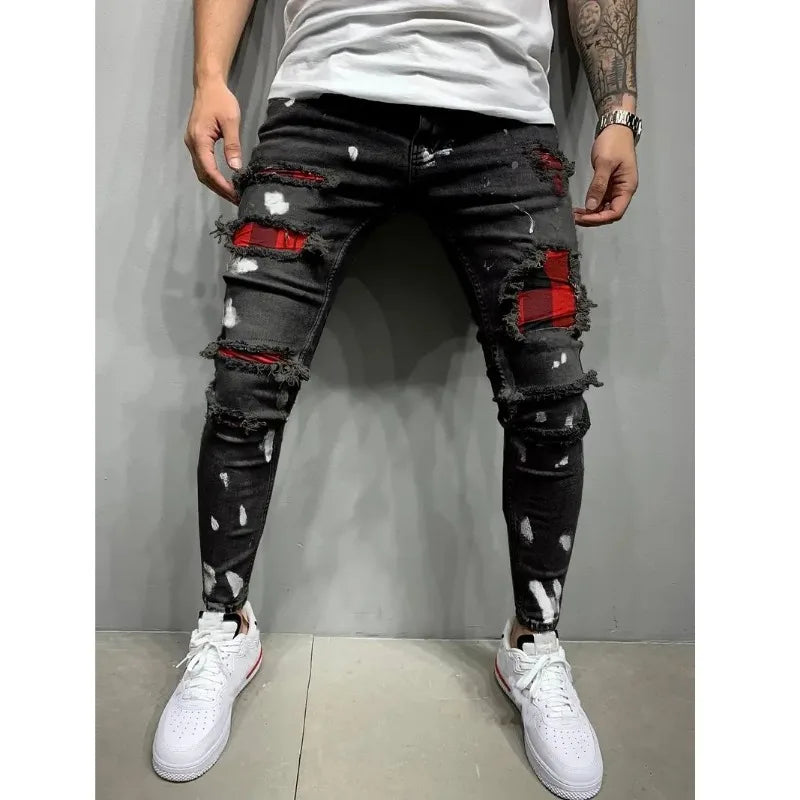 Men's Slim Black Jeans Classic Man Pants Streetwear for Man Clothes Rhinestones Denims Tears Baggy Clothing Mens Thin Jeans(New)