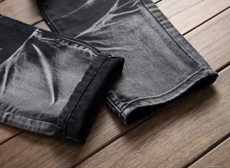 2025 Men's Fashion Vintage Jeans Slim Straight Leg Tie Dye Pleated Biker Denim Pants Male Casual Pants Oversized 42 High Quality