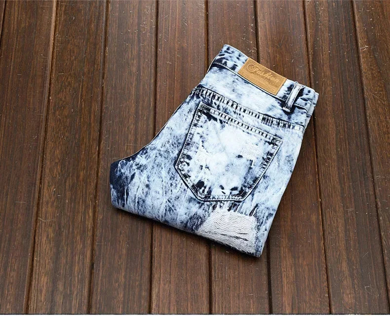 Men's Embroidered Patchwork Ripped Jeans (without Belt) Slim Fashion High Street Motorcycle Denim Pants Male Designer Clothes