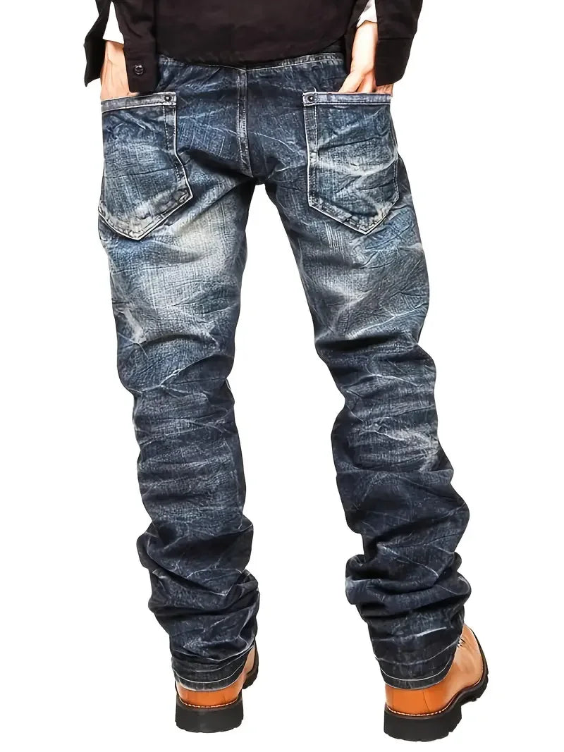Men's Denning Jeans - Washing Blue Stack Denims Tears Streetwear for Man Clothes Classic Man Pants Rhinestones Baggy Clothing