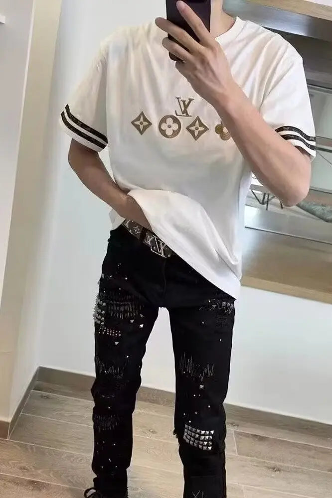 Ele Bla Embroidered Men's Jeans Spring Autumn Faion Brand High Elastici Sli Rivet Painted Slim Fit Casual Jeans