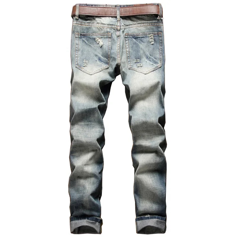 High Street Casual Motorcycle Jeans for Men (without Belt) Badge Distressed Straight-leg Slim-fit Ripped Denim Trousers Male
