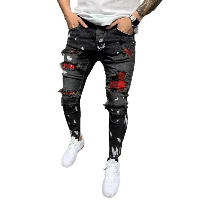 Men's Slim Black Jeans Classic Man Pants Streetwear for Man Clothes Rhinestones Denims Tears Baggy Clothing Mens Thin Jeans(New)