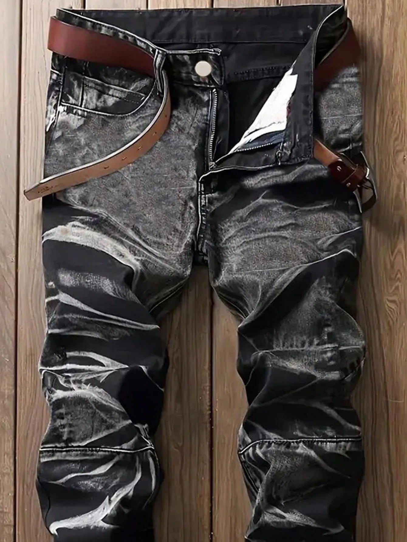 Men's Jeans Black And White Slim Fit Stretch Denim Pants Casual Mid Waist Spring Trousers