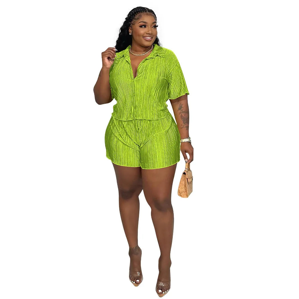 CM.YAYA Street Vintage Pleated Women's Set Short Sleeve Shirt Blouse and Shorts Suit 2023 INS Two 2 Piece Set Outfit Tracksuit