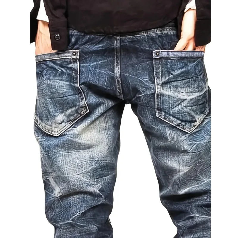 Men's Denning Jeans - Washing Blue Stack Denims Tears Streetwear for Man Clothes Classic Man Pants Rhinestones Baggy Clothing