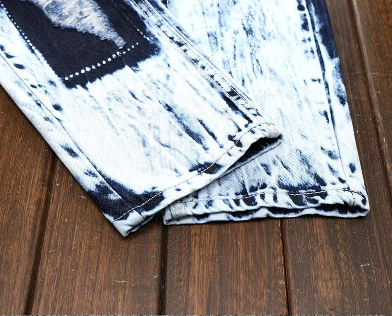 Men's Embroidered Patchwork Ripped Jeans (without Belt) Slim Fashion High Street Motorcycle Denim Pants Male Designer Clothes