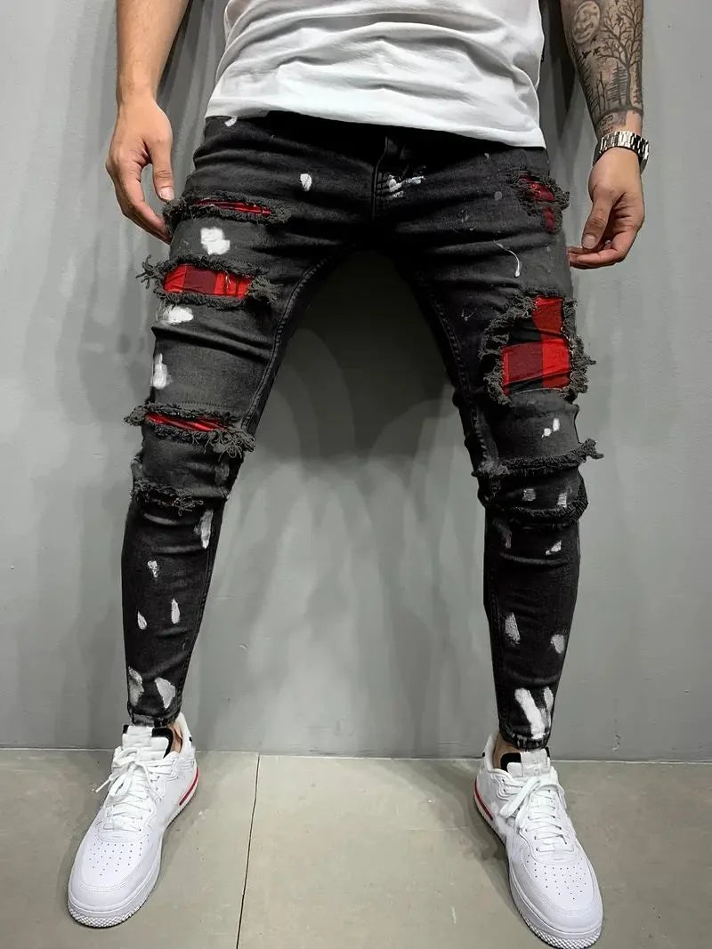 Men's Slim Black Jeans Classic Man Pants Streetwear for Man Clothes Rhinestones Denims Tears Baggy Clothing Mens Thin Jeans(New)