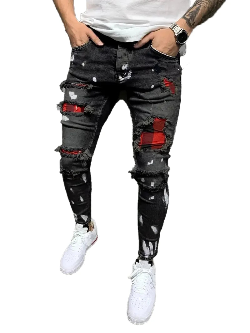 Men's Slim Black Jeans Classic Man Pants Streetwear for Man Clothes Rhinestones Denims Tears Baggy Clothing Mens Thin Jeans(New)