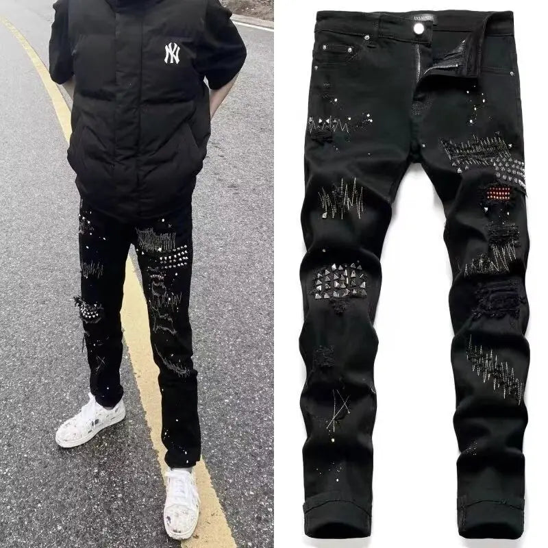 Ele Bla Embroidered Men's Jeans Spring Autumn Faion Brand High Elastici Sli Rivet Painted Slim Fit Casual Jeans