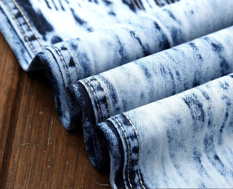 Men's Embroidered Patchwork Ripped Jeans (without Belt) Slim Fashion High Street Motorcycle Denim Pants Male Designer Clothes