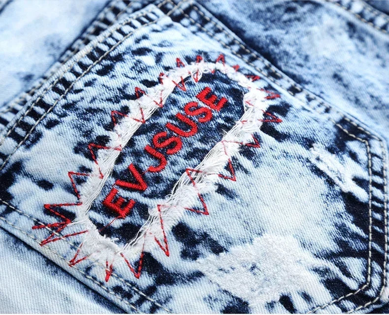Men's Embroidered Patchwork Ripped Jeans (without Belt) Slim Fashion High Street Motorcycle Denim Pants Male Designer Clothes