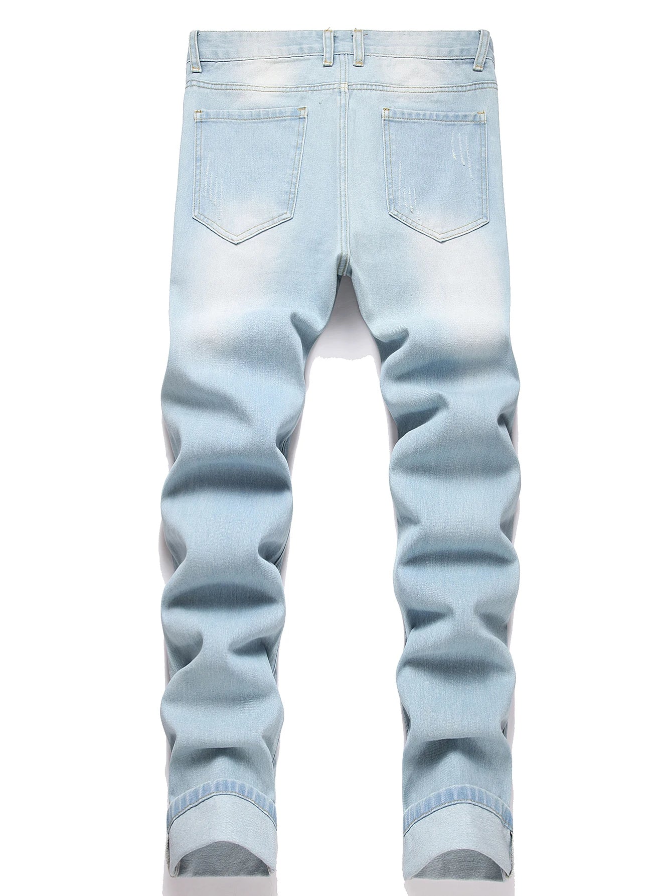 Y2K Men's Embroidered Star Blue Jeans Low Rise Straight Leg Distressed Ripped Streetwear Denim Pants Hip Hop